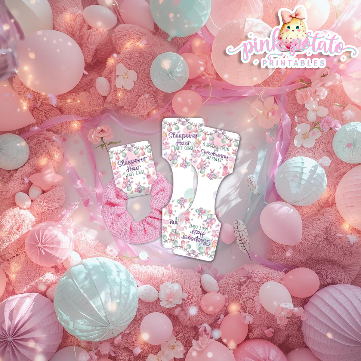 Easter Sleepover-Hair Scrunchie Holder-Easter Slumber Party-Scrunchie Tags-Easter Birthday-Easter Party-Easter Sunday-Happy Birthday-Birthday Sleepover Party-Birthday Slumber Party-Bunny-INSTANT DOWNLOAD