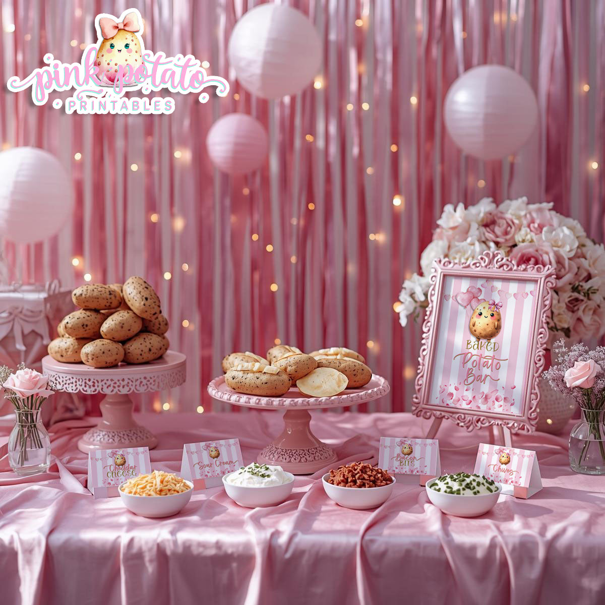 Pink Valentine-Baked Potato Bar-Signs & Buffet Cards-Tent Cards-8x10 & 5x7 Signs (2)-Valentine's Day-Buffet-Valentine's Party-PREFILLED PDF-EDITABLE IN CORJL ONLY-INSTANT DOWNLOAD