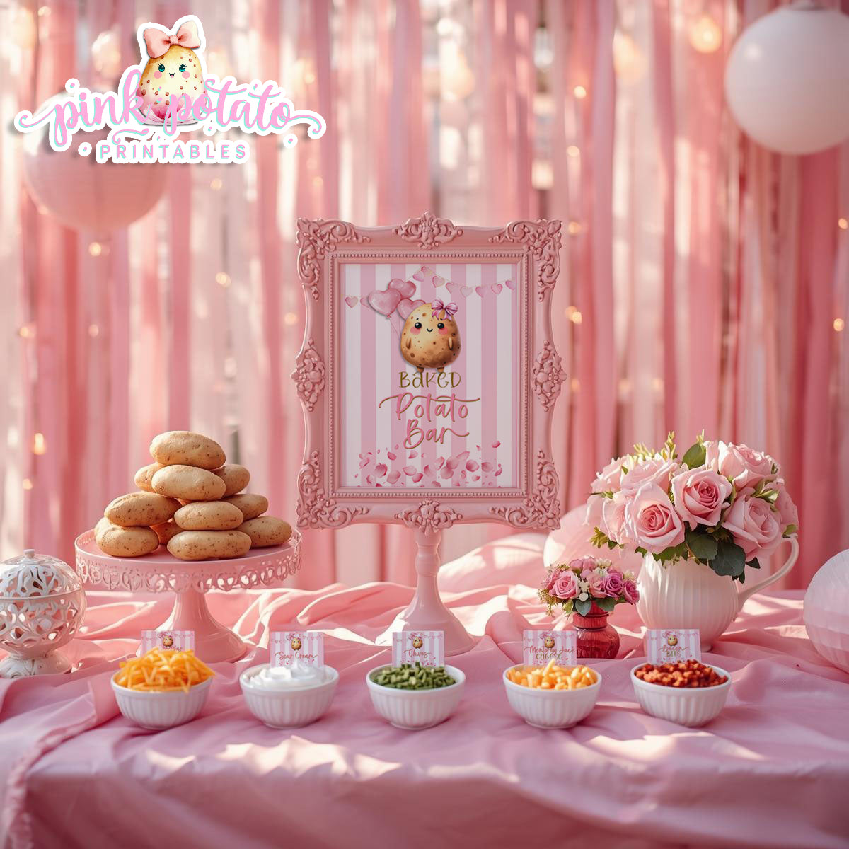 Pink Valentine-Baked Potato Bar-Signs & Buffet Cards-Tent Cards-8x10 & 5x7 Signs (2)-Valentine's Day-Buffet-Valentine's Party-PREFILLED PDF-EDITABLE IN CORJL ONLY-INSTANT DOWNLOAD
