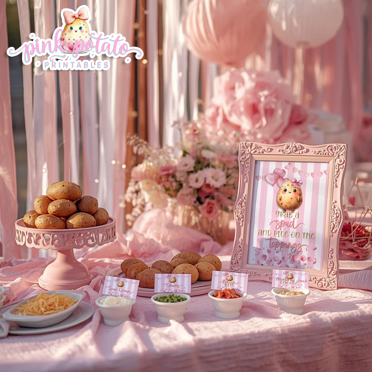 Pink Valentine-Baked Potato Bar-Signs & Buffet Cards-Tent Cards-8x10 & 5x7 Signs (2)-Valentine's Day-Buffet-Valentine's Party-PREFILLED PDF-EDITABLE IN CORJL ONLY-INSTANT DOWNLOAD