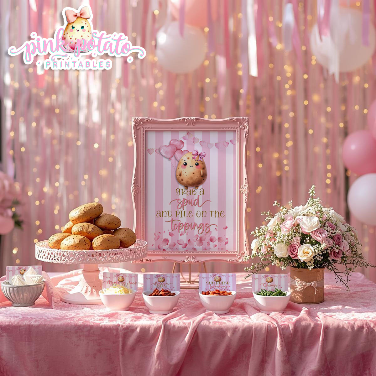 Pink Valentine-Baked Potato Bar-Signs & Buffet Cards-Tent Cards-8x10 & 5x7 Signs (2)-Valentine's Day-Buffet-Valentine's Party-PREFILLED PDF-EDITABLE IN CORJL ONLY-INSTANT DOWNLOAD