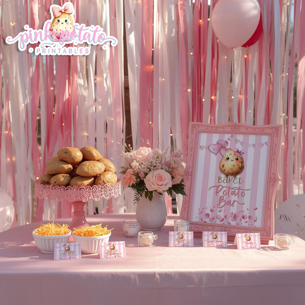 Pink Valentine-Baked Potato Bar-Signs & Buffet Cards-Tent Cards-8x10 & 5x7 Signs (2)-Valentine's Day-Buffet-Valentine's Party-PREFILLED PDF-EDITABLE IN CORJL ONLY-INSTANT DOWNLOAD