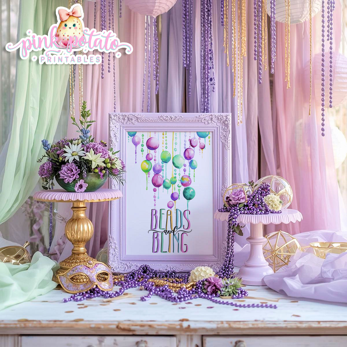 Mardi Gras-Party Signs-Mardi Gras Sign-Beads and Bling Sign-Mardi Gras Theme-Fat Tuesday-Party Printable-Digital-INSTANT DOWNLOAD