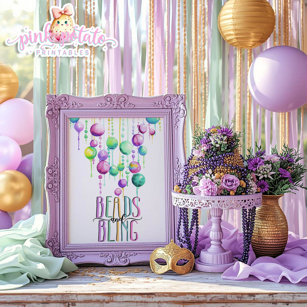Mardi Gras-Party Signs-Mardi Gras Sign-Beads and Bling Sign-Mardi Gras Theme-Fat Tuesday-Party Printable-Digital-INSTANT DOWNLOAD