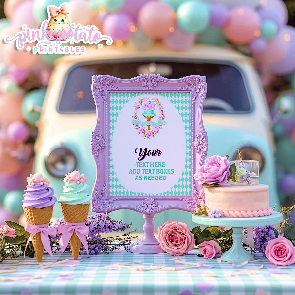 Here's The Scoop, Baby-Baby Shower Signs-Ice Cream Baby Shower-3 Signs Editable in Corjl-Customizable-Make your Own-Digital-INSTANT DOWNLOAD