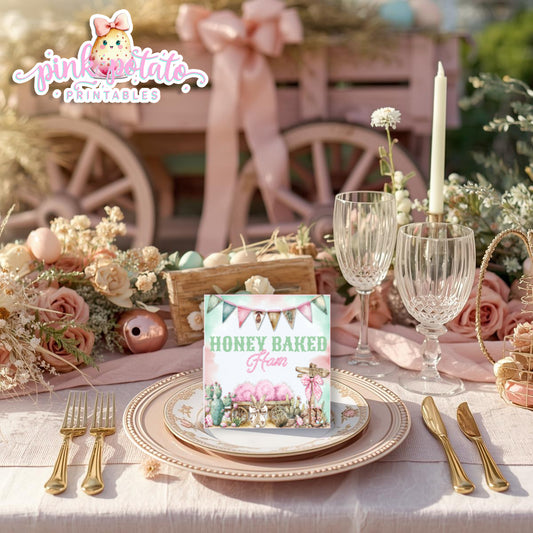 Bunny Trails-Editable Buffet Cards-Completely Editable in CORJL ONLY-Western Easter-Place Cards-Customize Tent Cards-Easter Sunday-Happy Easter-Easter Buffet-Cowgirl-Cowboy-Customize-INSTANT DOWNLOAD