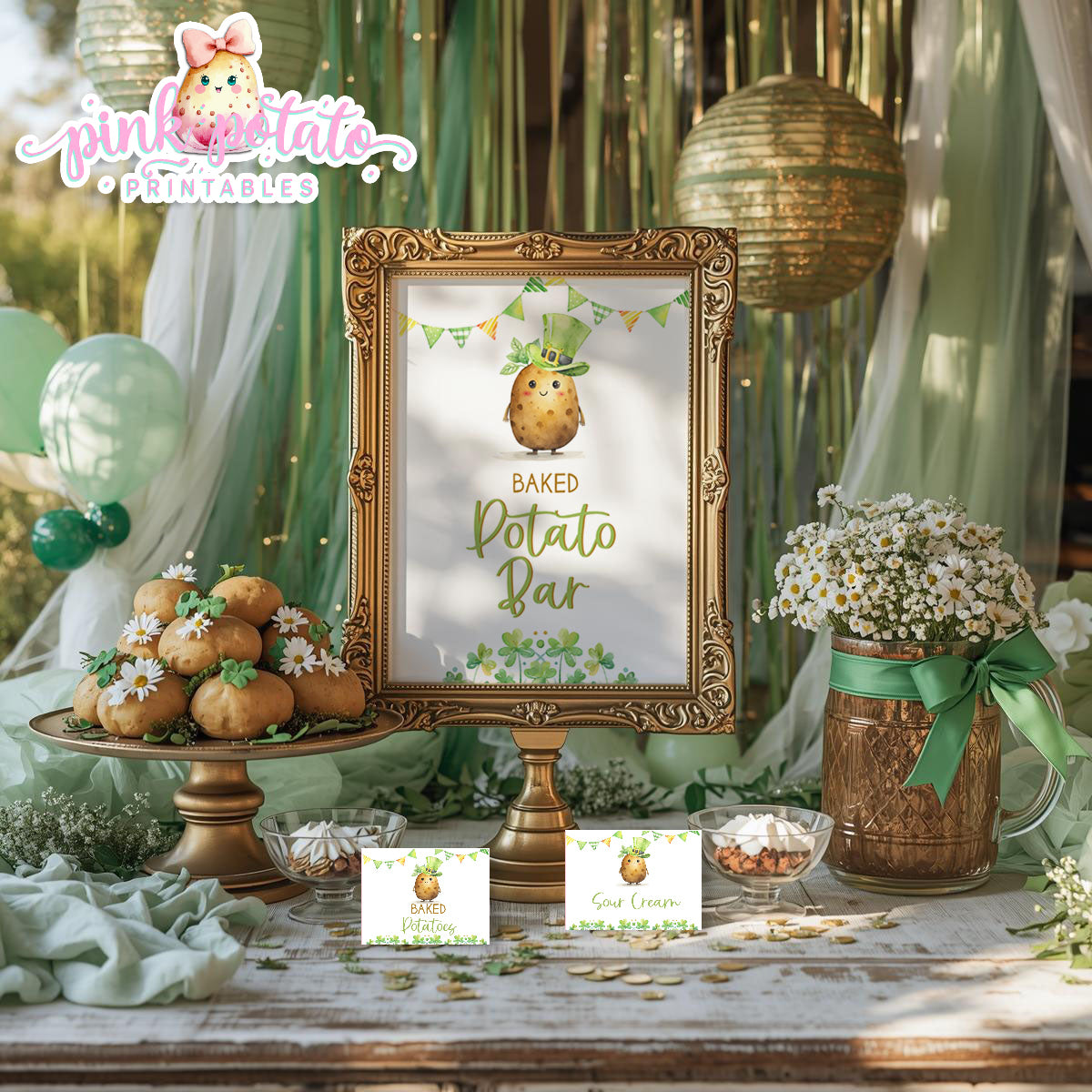 St. Paddy's Day-Baked Potato Bar Sign & Buffet Cards-Edit in Corjl Only-St. Patrick's Day Theme-Party Printable-Digital-INSTANT DOWNLOAD