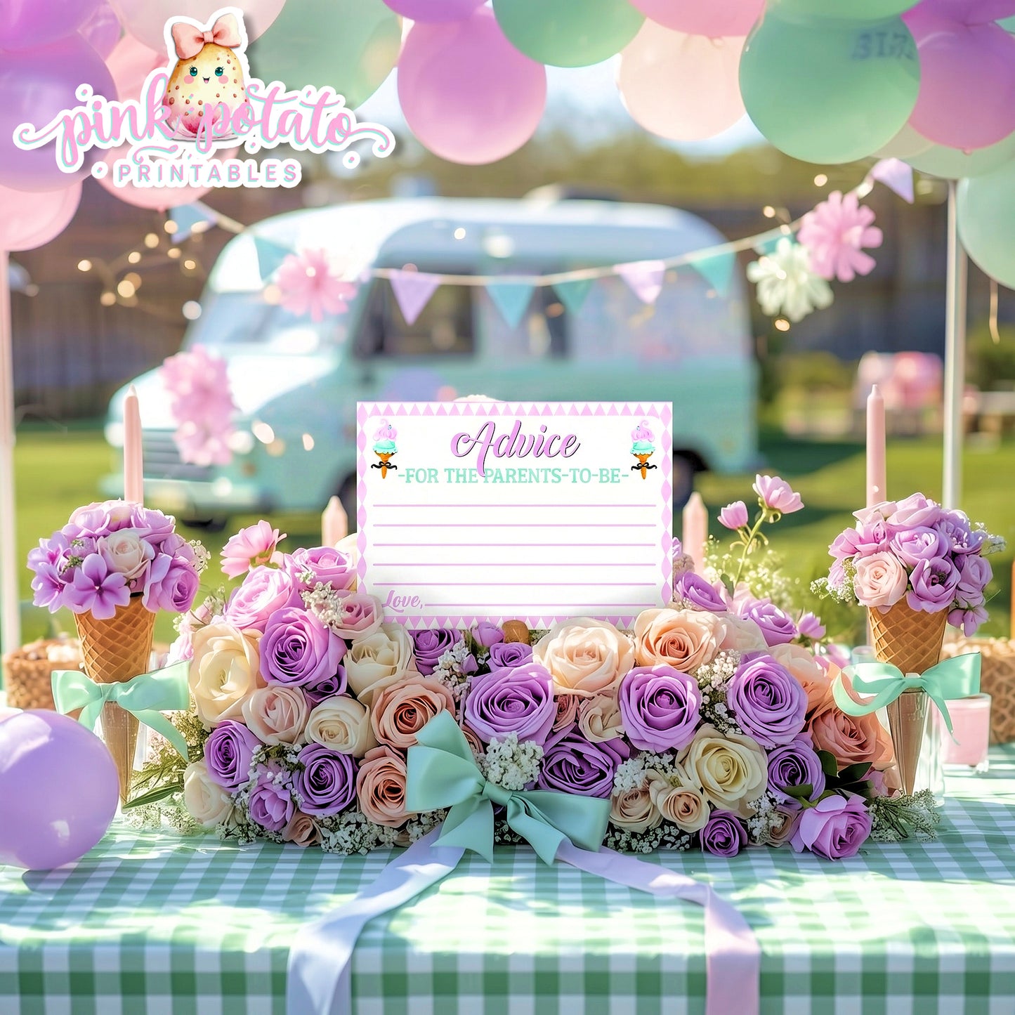 Here's The Scoop, Baby-Advice Sign & Cards-Ice Cream Baby Shower-8x10 Sign-Advice Cards To Fill In By Guests-Digital-INSTANT DOWNLOAD