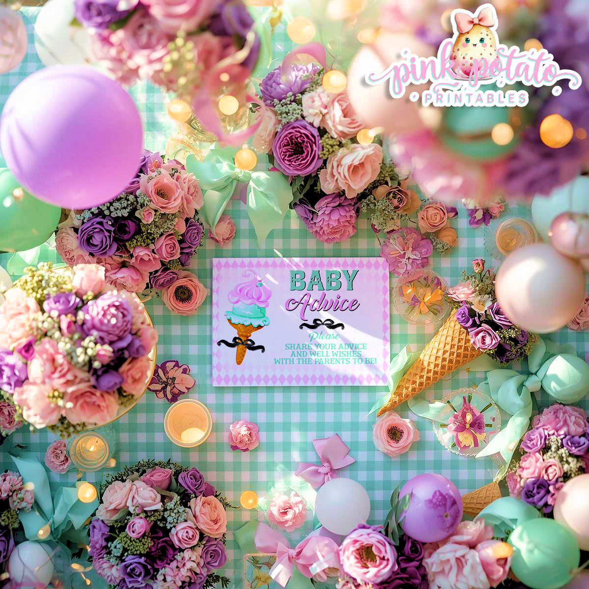 Here's The Scoop, Baby-Advice Sign & Cards-Ice Cream Baby Shower-8x10 Sign-Advice Cards To Fill In By Guests-Digital-INSTANT DOWNLOAD