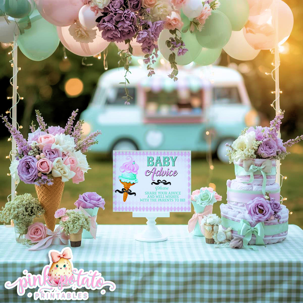 Here's The Scoop, Baby-Advice Sign & Cards-Ice Cream Baby Shower-8x10 Sign-Advice Cards To Fill In By Guests-Digital-INSTANT DOWNLOAD