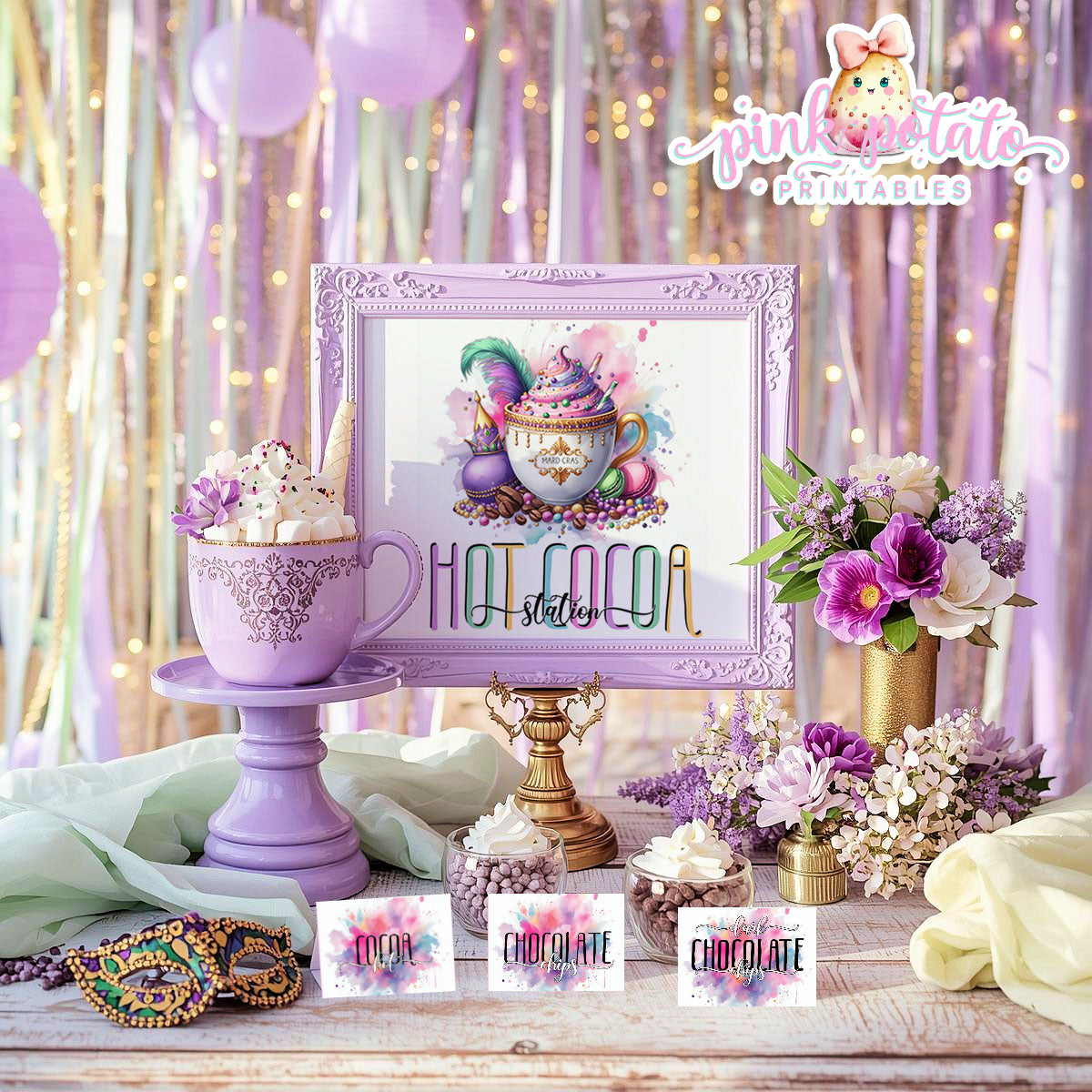 Mardi Gras-Hot Cocoa Bar-Edit Cards in Corjl-Hot Chocolate Station-Mardi Gras Theme-Fat Tuesday-Party Printable-Digital-INSTANT DOWNLOAD