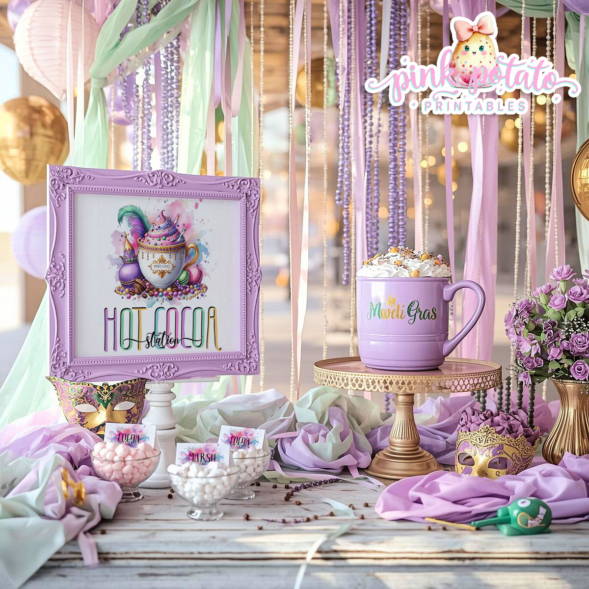 Mardi Gras-Hot Cocoa Bar-Edit Cards in Corjl-Hot Chocolate Station-Mardi Gras Theme-Fat Tuesday-Party Printable-Digital-INSTANT DOWNLOAD