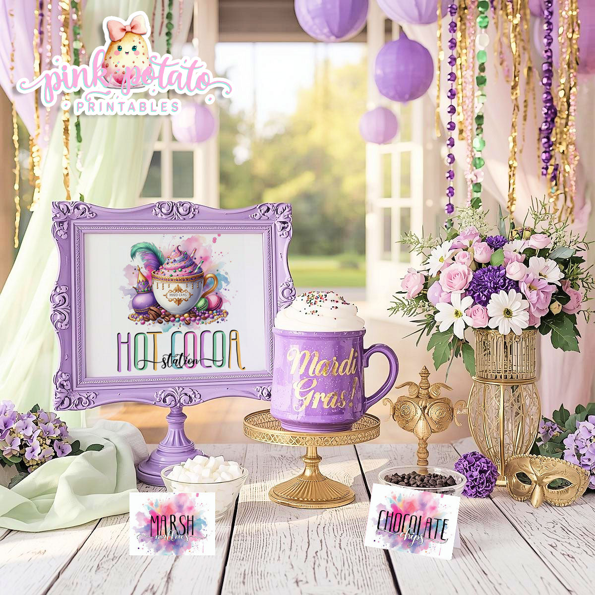 Mardi Gras-Hot Cocoa Bar-Edit Cards in Corjl-Hot Chocolate Station-Mardi Gras Theme-Fat Tuesday-Party Printable-Digital-INSTANT DOWNLOAD