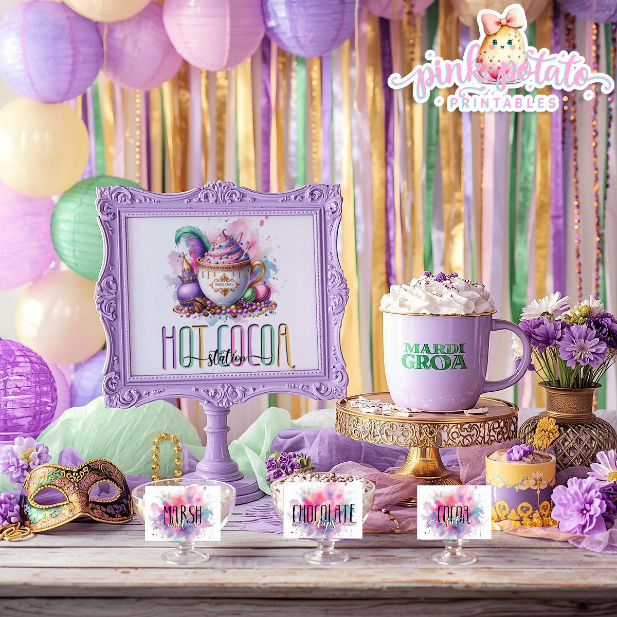 Mardi Gras-Hot Cocoa Bar-Edit Cards in Corjl-Hot Chocolate Station-Mardi Gras Theme-Fat Tuesday-Party Printable-Digital-INSTANT DOWNLOAD