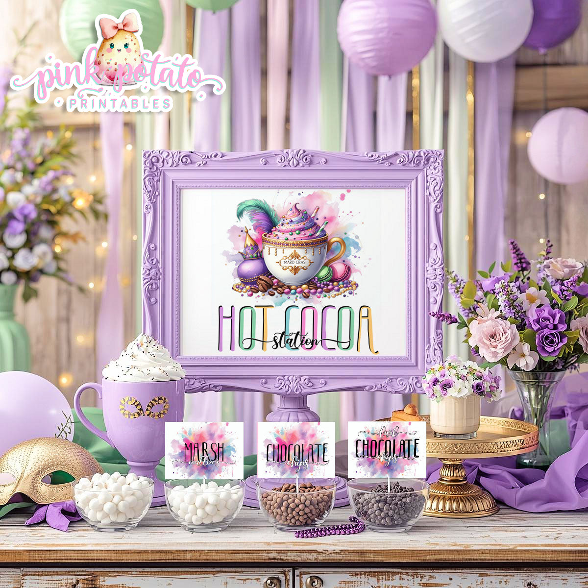 Mardi Gras-Hot Cocoa Bar-Edit Cards in Corjl-Hot Chocolate Station-Mardi Gras Theme-Fat Tuesday-Party Printable-Digital-INSTANT DOWNLOAD