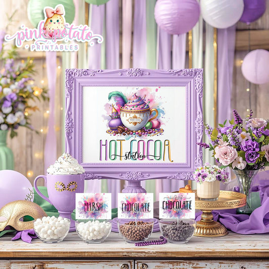 Mardi Gras-Hot Cocoa Bar-Edit Cards in Corjl-Hot Chocolate Station-Mardi Gras Theme-Fat Tuesday-Party Printable-Digital-INSTANT DOWNLOAD