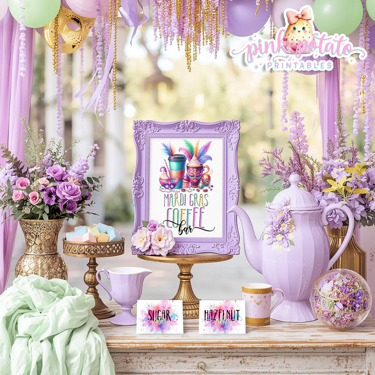 Mardi Gras-FREE Coffee Bar Sign & 48 Prefilled Buffet Cards-8 Blank Tent Cards to fill in by Hand--FREEBIE-Sign-Mardi Gras Theme-Fat Tuesday-Party Printable-Digital-INSTANT DOWNLOAD