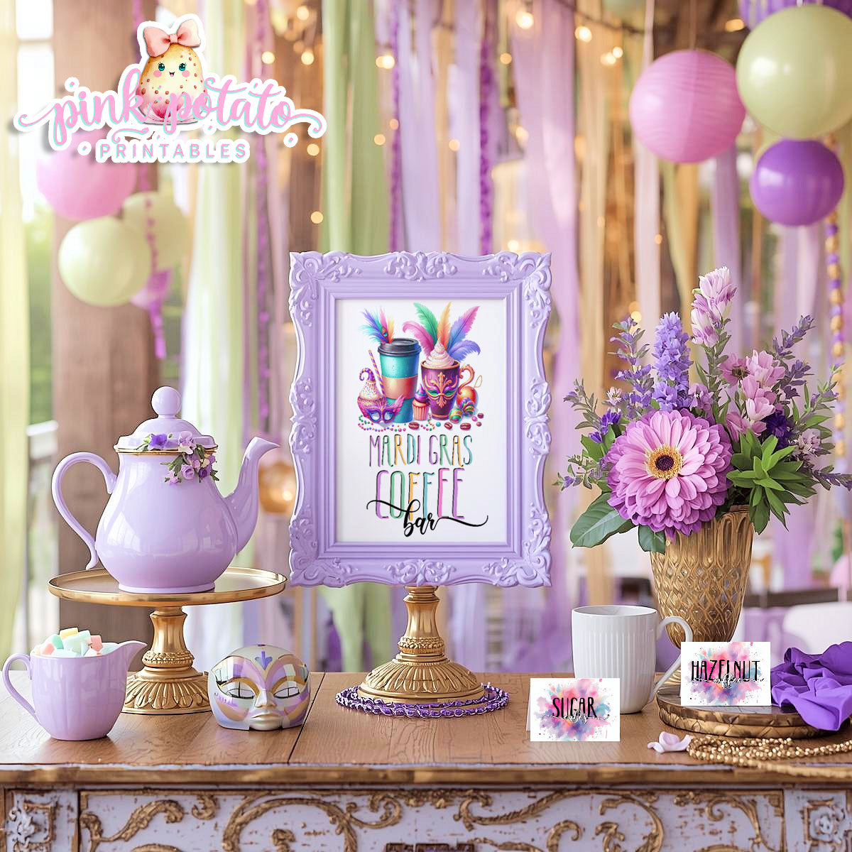 Mardi Gras-FREE Coffee Bar Sign & 48 Prefilled Buffet Cards-8 Blank Tent Cards to fill in by Hand--FREEBIE-Sign-Mardi Gras Theme-Fat Tuesday-Party Printable-Digital-INSTANT DOWNLOAD