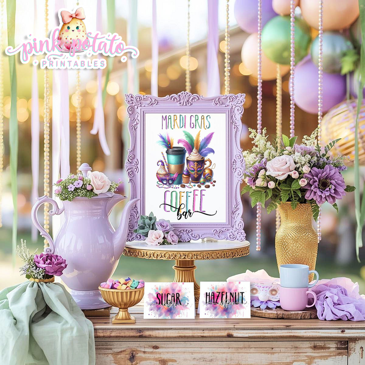 Mardi Gras-FREE Coffee Bar Sign & 48 Prefilled Buffet Cards-8 Blank Tent Cards to fill in by Hand--FREEBIE-Sign-Mardi Gras Theme-Fat Tuesday-Party Printable-Digital-INSTANT DOWNLOAD