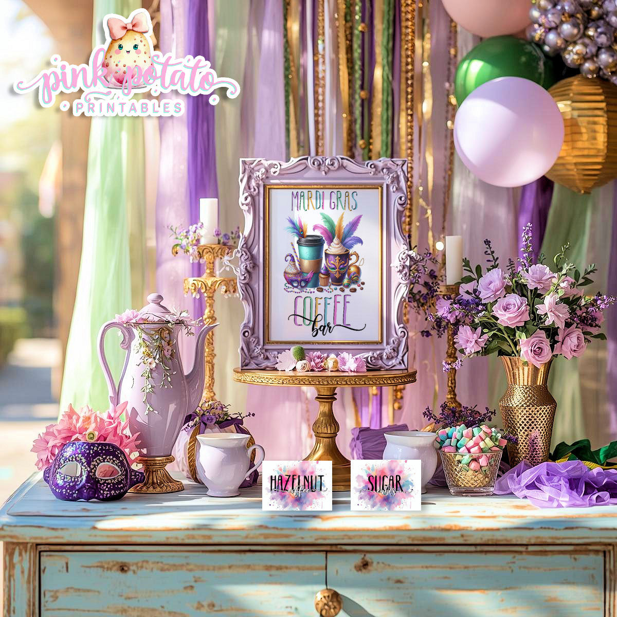 Mardi Gras-FREE Coffee Bar Sign & 48 Prefilled Buffet Cards-8 Blank Tent Cards to fill in by Hand--FREEBIE-Sign-Mardi Gras Theme-Fat Tuesday-Party Printable-Digital-INSTANT DOWNLOAD