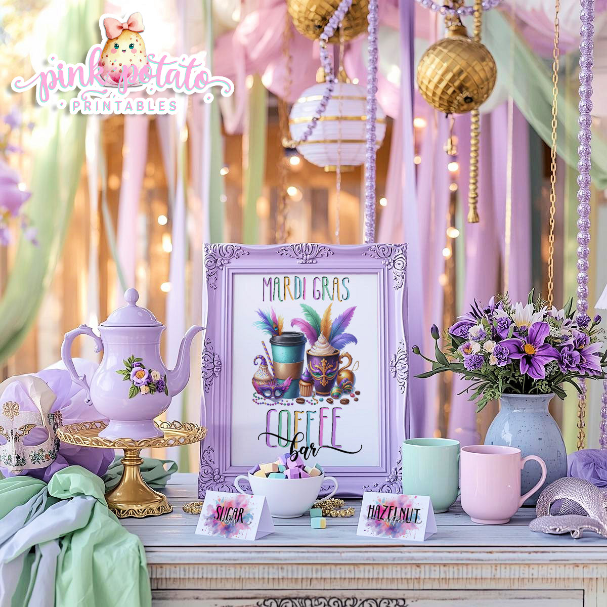 Mardi Gras-FREE Coffee Bar Sign & 48 Prefilled Buffet Cards-8 Blank Tent Cards to fill in by Hand--FREEBIE-Sign-Mardi Gras Theme-Fat Tuesday-Party Printable-Digital-INSTANT DOWNLOAD