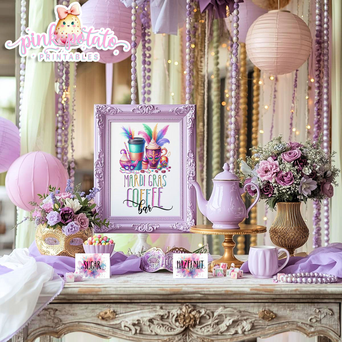 Mardi Gras-FREE Coffee Bar Sign & 48 Prefilled Buffet Cards-8 Blank Tent Cards to fill in by Hand--FREEBIE-Sign-Mardi Gras Theme-Fat Tuesday-Party Printable-Digital-INSTANT DOWNLOAD