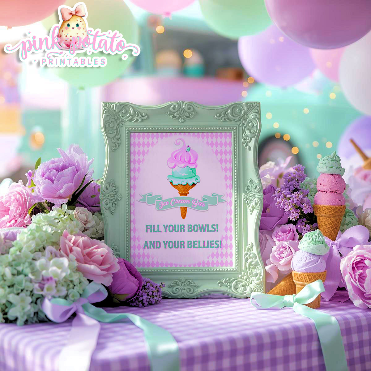 Here's The Scoop, Baby-Baby Shower Signs-Ice Cream Baby Shower-3 Signs Editable in Corjl-Customizable-Make your Own-Digital-INSTANT DOWNLOAD