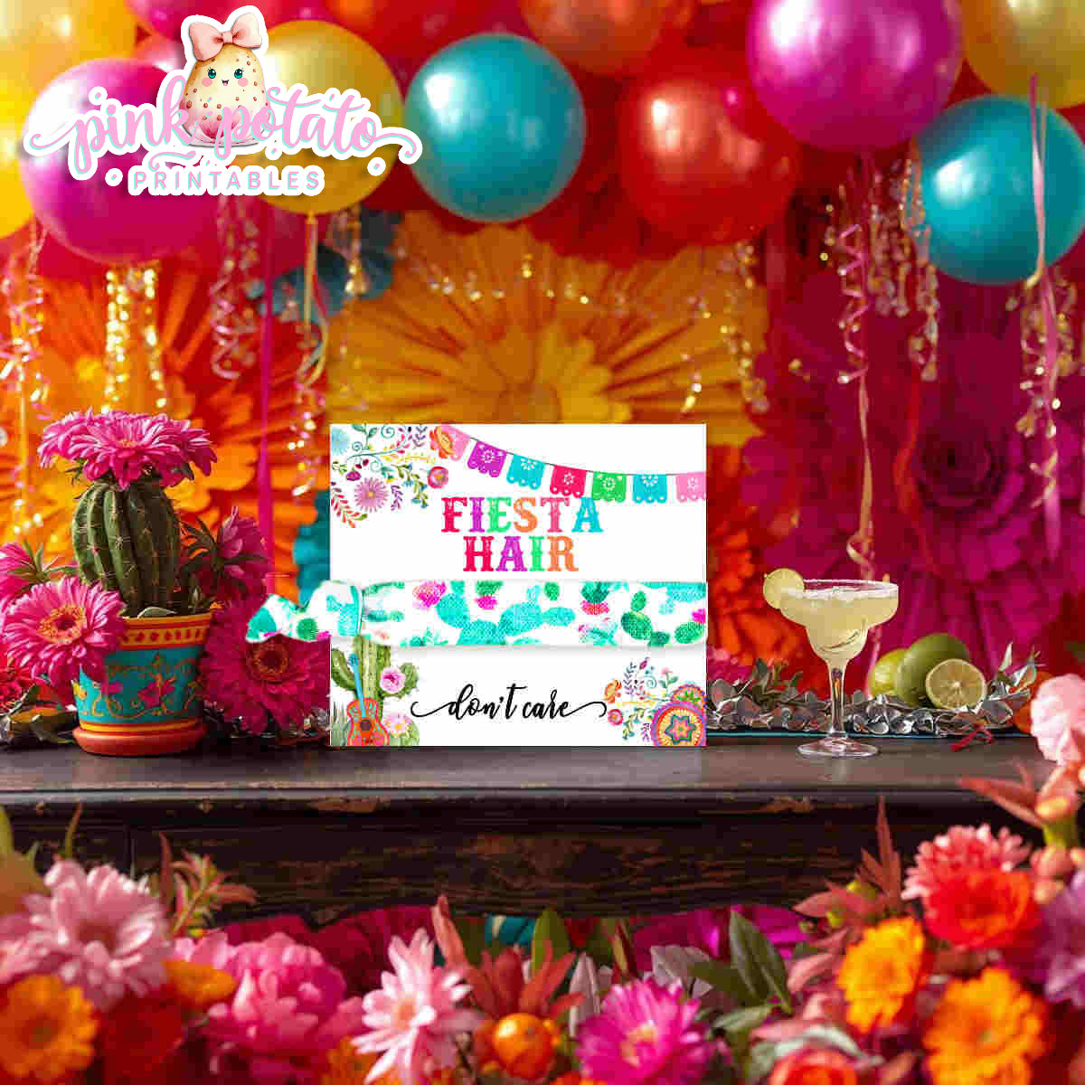 Fiesta-HAIR TIE CARD-Fiesta Hair Don't Care-Hair Tie Holder-Hair Elastic Party Favor-Cinco De Mayo-Taco Tuesday-Margarita Monday-INSTANT DOWNLOAD