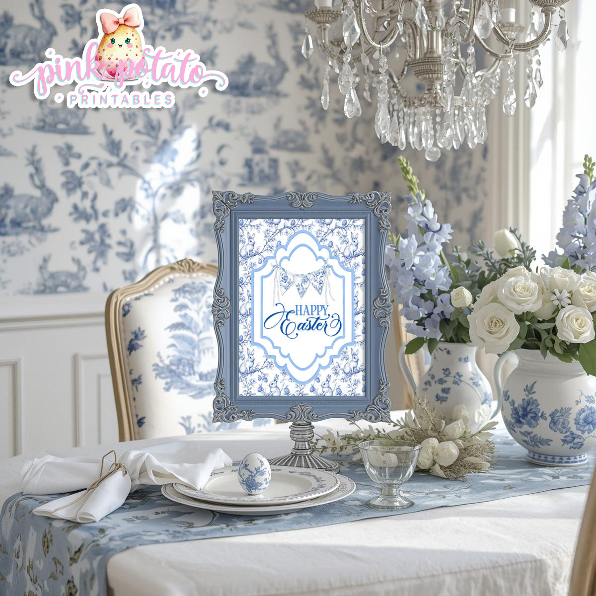 Toile Easter-FREE Happy Easter Sign-Easter Sign-Fancy Easter-Posh Easter-Easter Sunday-Happy Easter-Chinoiserie Easter-Chinoisery-Blue Toile-INSTANT DOWNLOAD
