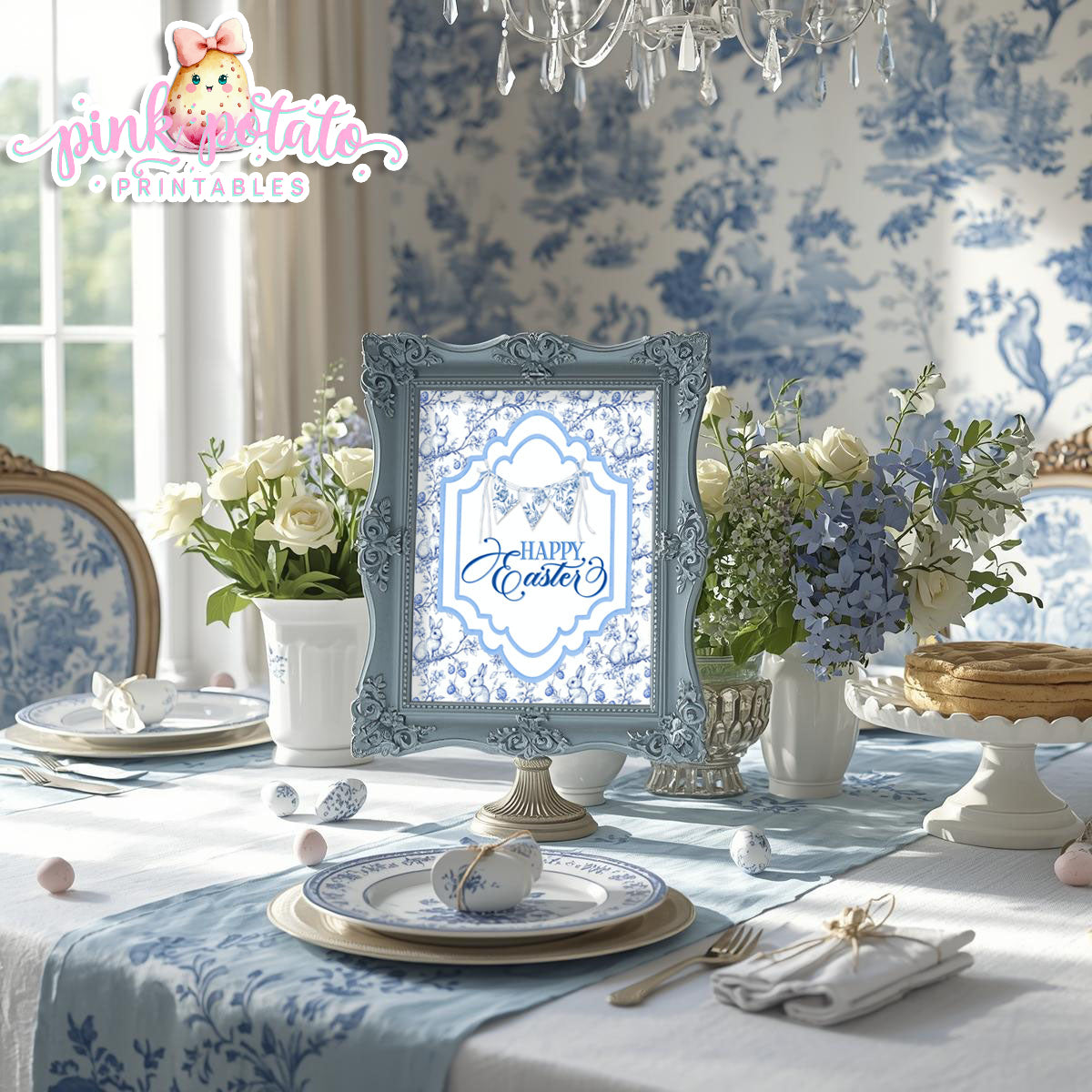 Toile Easter-FREE Happy Easter Sign-Easter Sign-Fancy Easter-Posh Easter-Easter Sunday-Happy Easter-Chinoiserie Easter-Chinoisery-Blue Toile-INSTANT DOWNLOAD