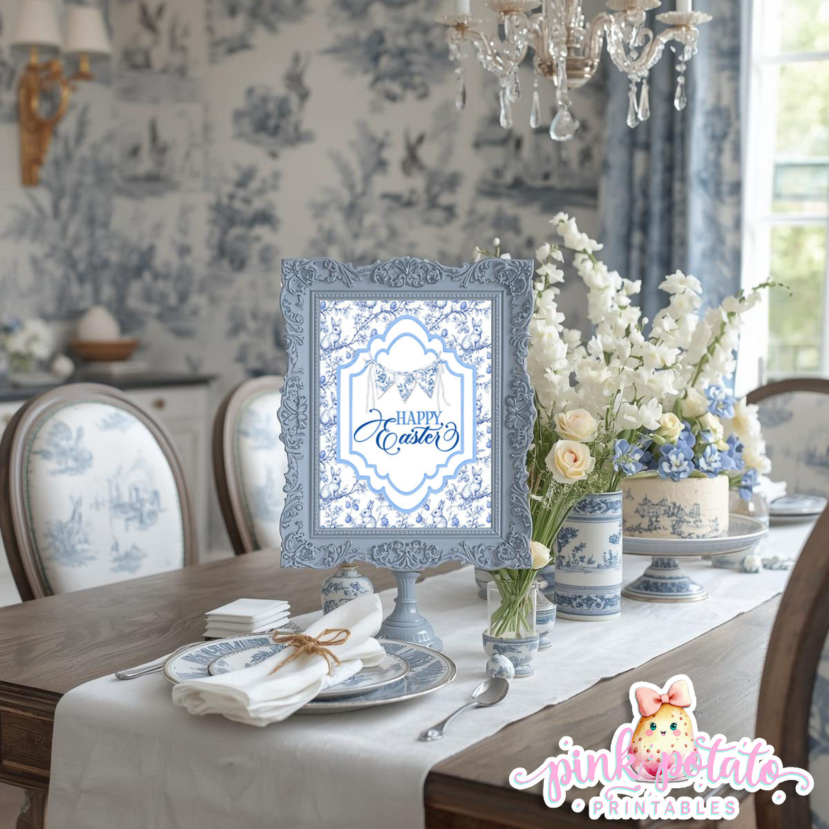 Toile Easter-FREE Happy Easter Sign-Easter Sign-Fancy Easter-Posh Easter-Easter Sunday-Happy Easter-Chinoiserie Easter-Chinoisery-Blue Toile-INSTANT DOWNLOAD