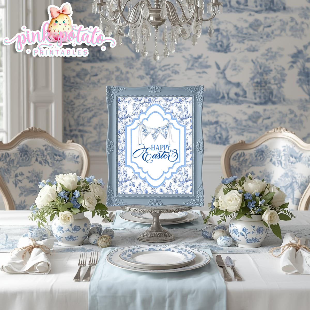 Toile Easter-FREE Happy Easter Sign-Easter Sign-Fancy Easter-Posh Easter-Easter Sunday-Happy Easter-Chinoiserie Easter-Chinoisery-Blue Toile-INSTANT DOWNLOAD