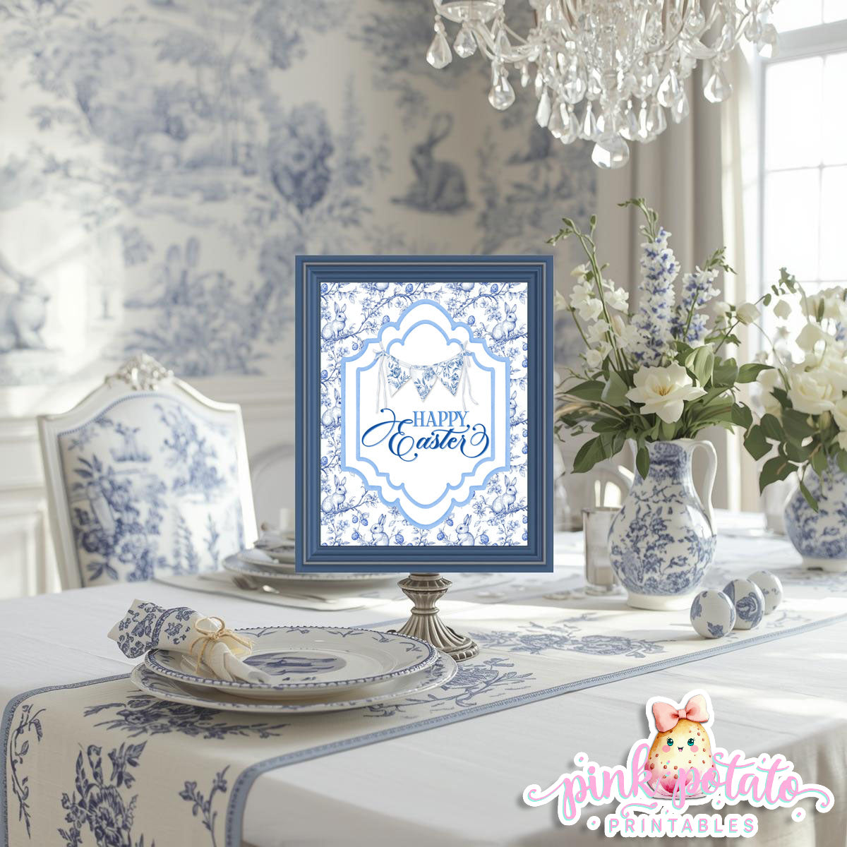 Toile Easter-FREE Happy Easter Sign-Easter Sign-Fancy Easter-Posh Easter-Easter Sunday-Happy Easter-Chinoiserie Easter-Chinoisery-Blue Toile-INSTANT DOWNLOAD