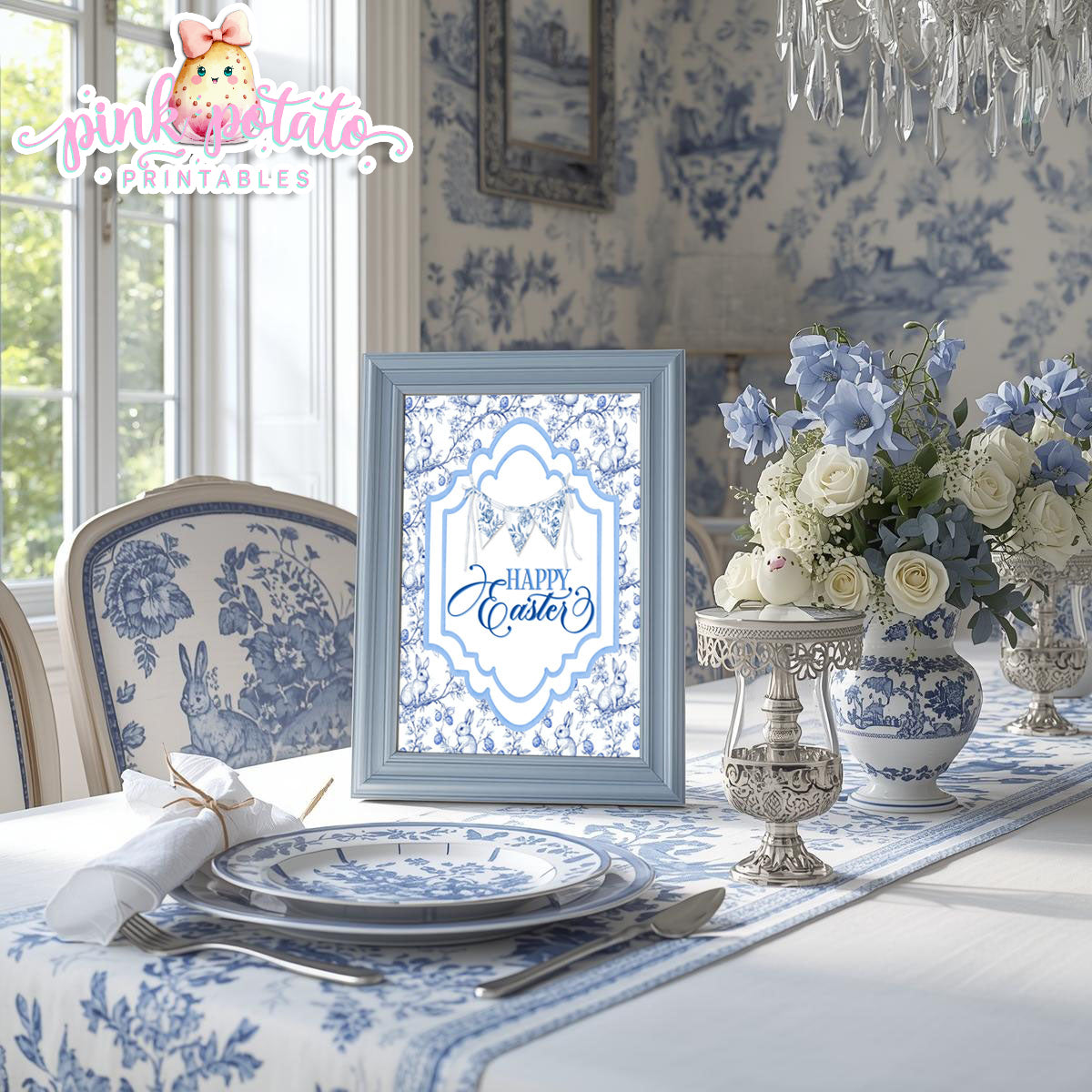 Toile Easter-FREE Happy Easter Sign-Easter Sign-Fancy Easter-Posh Easter-Easter Sunday-Happy Easter-Chinoiserie Easter-Chinoisery-Blue Toile-INSTANT DOWNLOAD