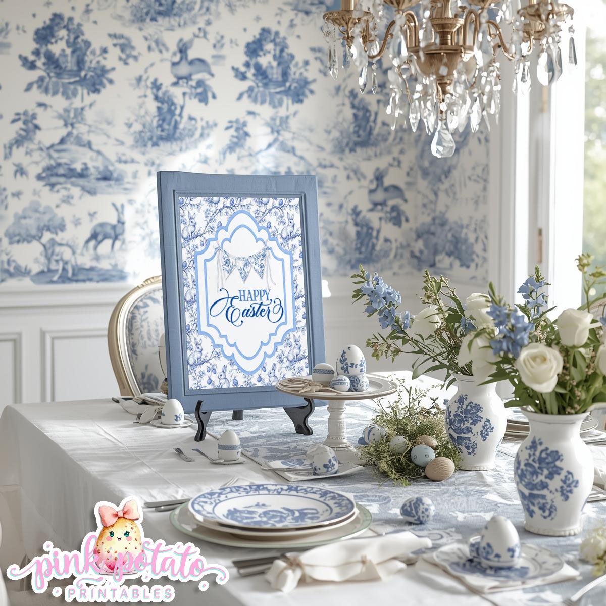Toile Easter-FREE Happy Easter Sign-Easter Sign-Fancy Easter-Posh Easter-Easter Sunday-Happy Easter-Chinoiserie Easter-Chinoisery-Blue Toile-INSTANT DOWNLOAD