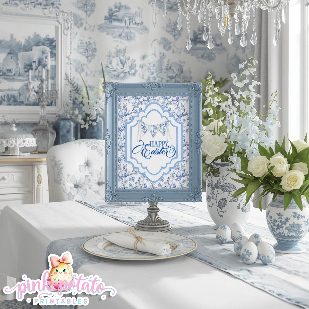 Toile Easter-FREE Happy Easter Sign-Easter Sign-Fancy Easter-Posh Easter-Easter Sunday-Happy Easter-Chinoiserie Easter-Chinoisery-Blue Toile-INSTANT DOWNLOAD