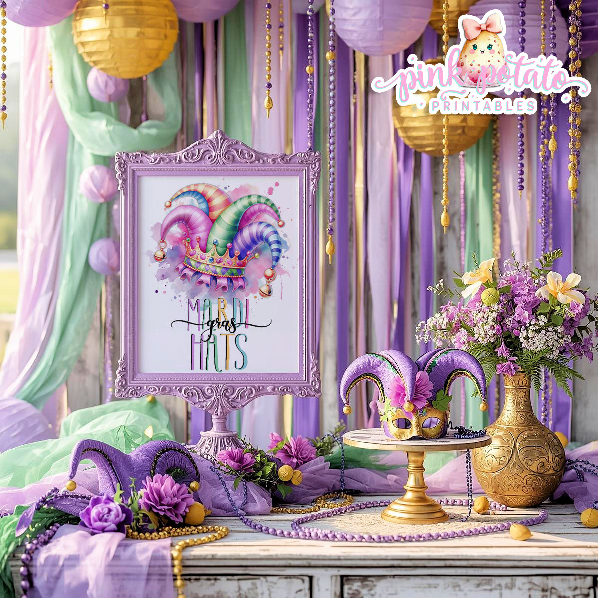 Mardi Gras-Party Signs-Mardi Gras Masks Sign-Mardi Gras Hats Sign-Mardi Gras Theme-Fat Tuesday-Party Printable-Digital-INSTANT DOWNLOAD