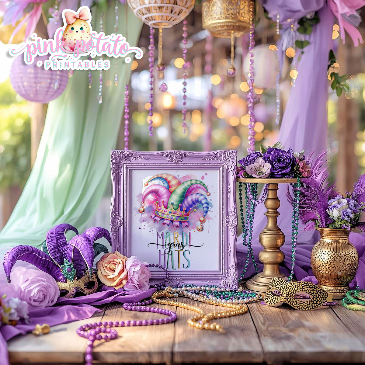 Mardi Gras-Party Signs-Mardi Gras Masks Sign-Mardi Gras Hats Sign-Mardi Gras Theme-Fat Tuesday-Party Printable-Digital-INSTANT DOWNLOAD