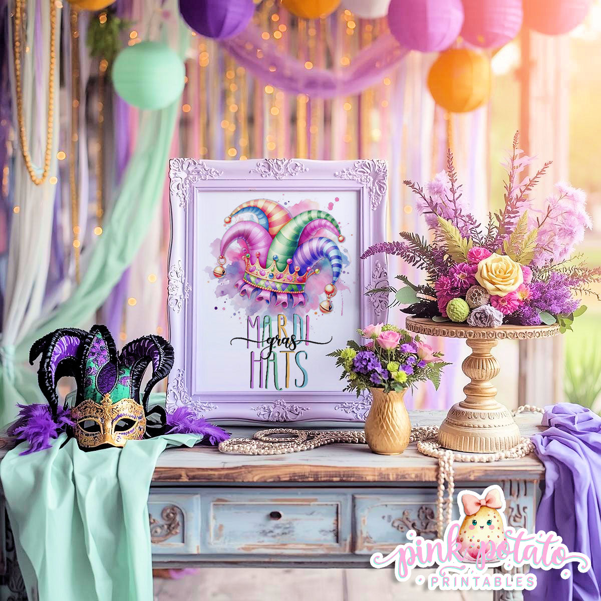 Mardi Gras-Party Signs-Mardi Gras Masks Sign-Mardi Gras Hats Sign-Mardi Gras Theme-Fat Tuesday-Party Printable-Digital-INSTANT DOWNLOAD