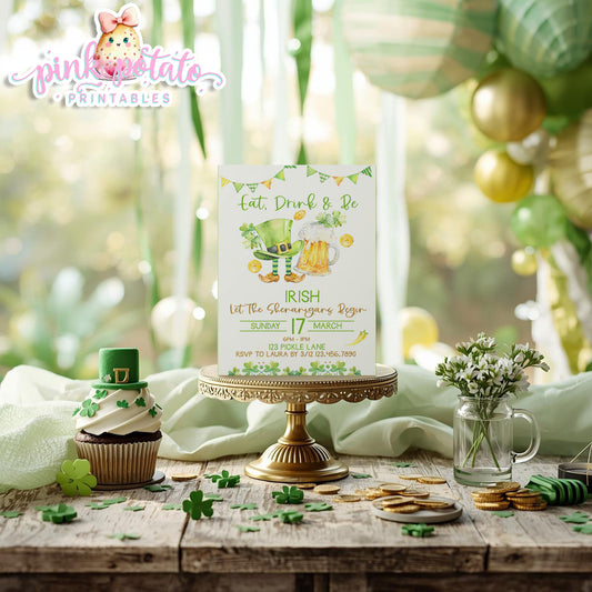 St. Paddy's Day-Party Invitation-Edit in Corjl Only-Eat Drink and be Irish-St. Patrick's Day Theme-Party Printable-Digital-INSTANT