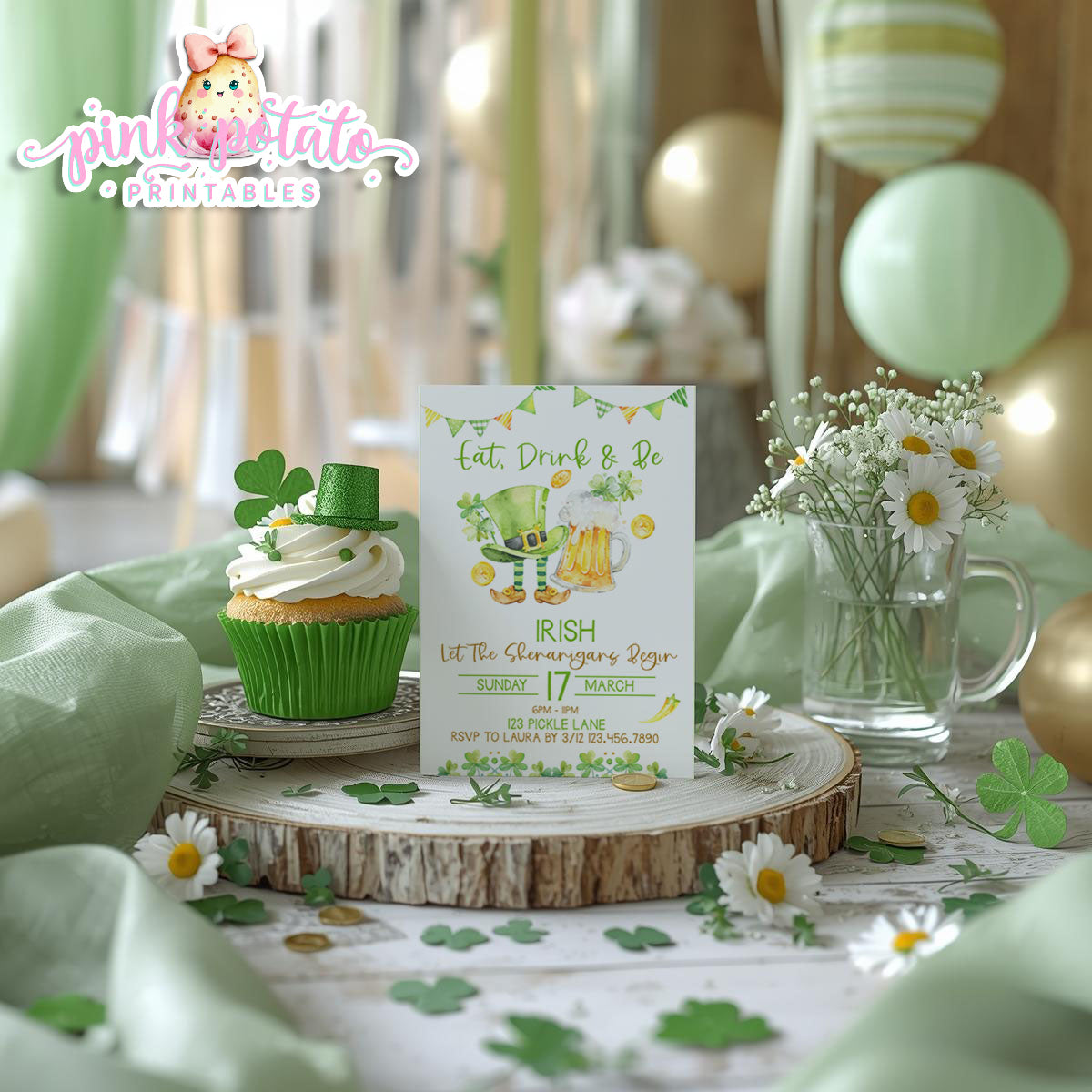 St. Paddy's Day-Party Invitation-Edit in Corjl Only-Eat Drink and be Irish-St. Patrick's Day Theme-Party Printable-Digital-INSTANT