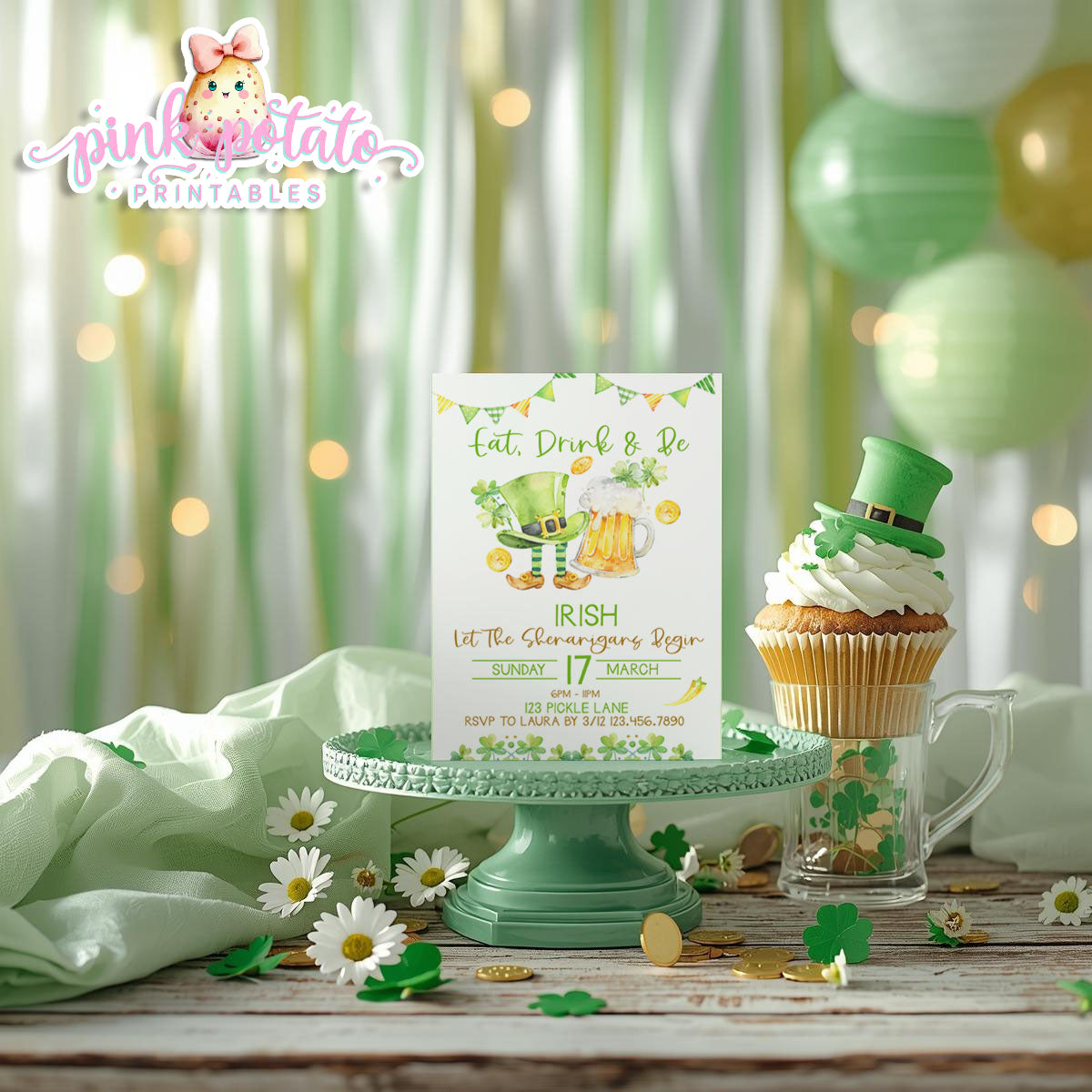 St. Paddy's Day-Party Invitation-Edit in Corjl Only-Eat Drink and be Irish-St. Patrick's Day Theme-Party Printable-Digital-INSTANT