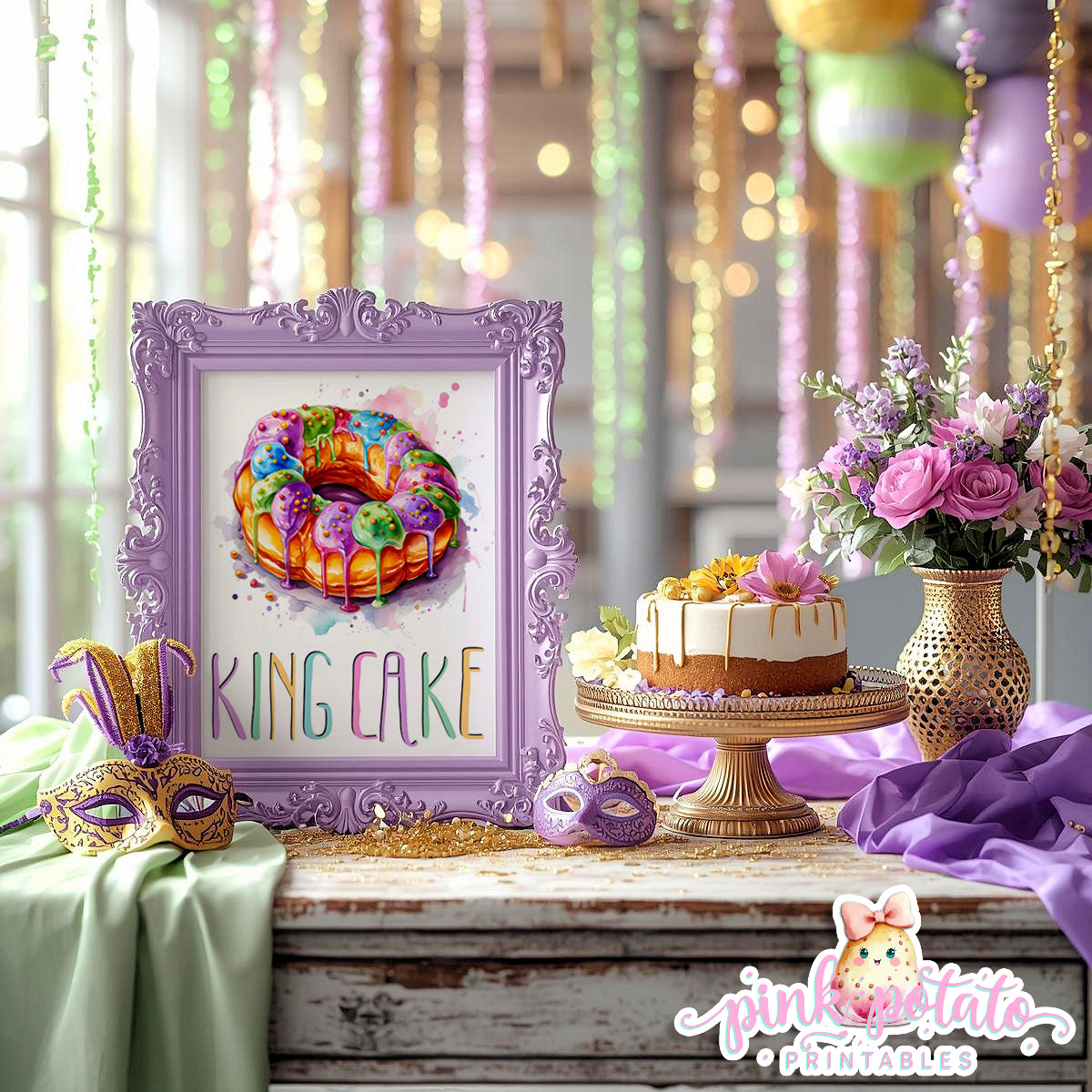 Mardi Gras-Party Signs-Mardi Gras King Cake Sign-KingCake Sign-Mardi Gras Theme-Fat Tuesday-Party Printable-Digital-INSTANT DOWNLOAD
