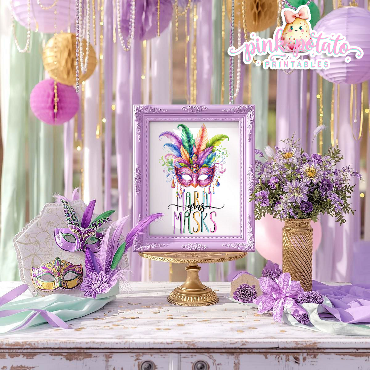 Mardi Gras-Party Signs-Mardi Gras Masks Sign-Mardi Gras Hats Sign-Mardi Gras Theme-Fat Tuesday-Party Printable-Digital-INSTANT DOWNLOAD
