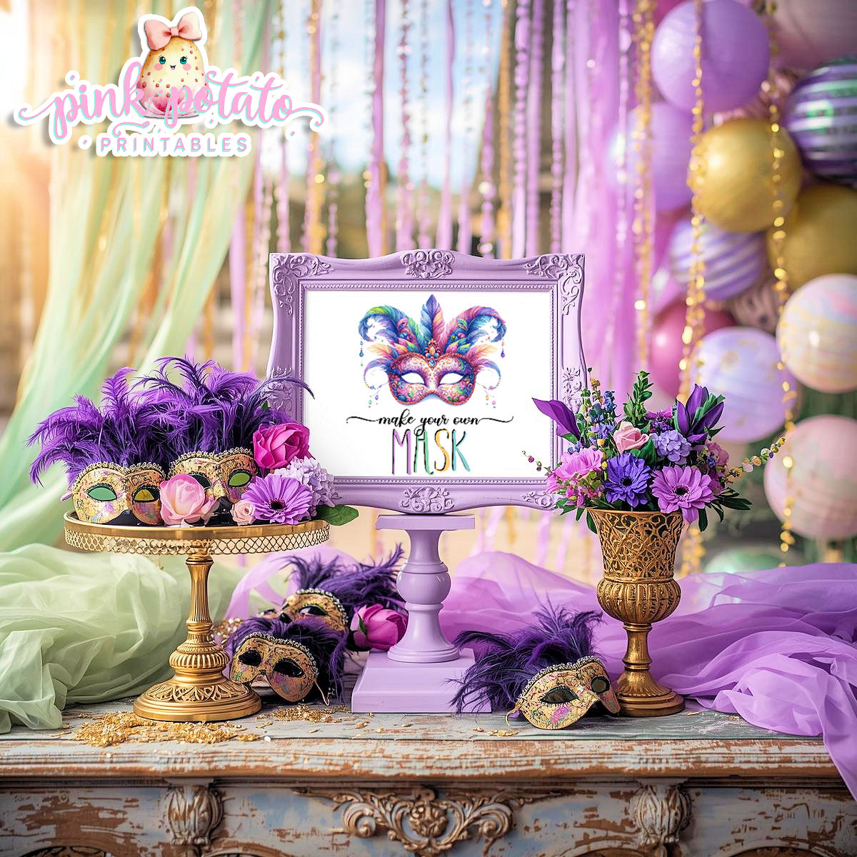 Mardi Gras-Party Signs-Craft Signs-Make Your Own Masks Sign-Mardi Gras Theme-Fat Tuesday-Party Printable-Digital-INSTANT DOWNLOAD