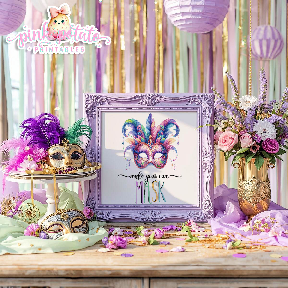 Mardi Gras-Party Signs-Craft Signs-Make Your Own Masks Sign-Mardi Gras Theme-Fat Tuesday-Party Printable-Digital-INSTANT DOWNLOAD