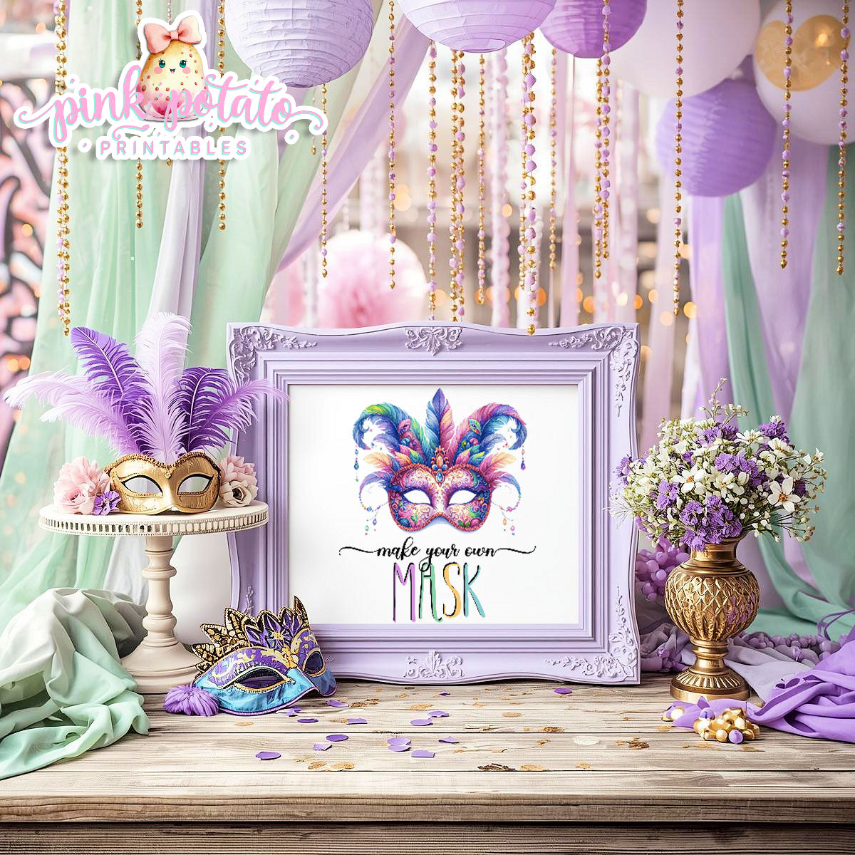Mardi Gras-Party Signs-Craft Signs-Make Your Own Masks Sign-Mardi Gras Theme-Fat Tuesday-Party Printable-Digital-INSTANT DOWNLOAD
