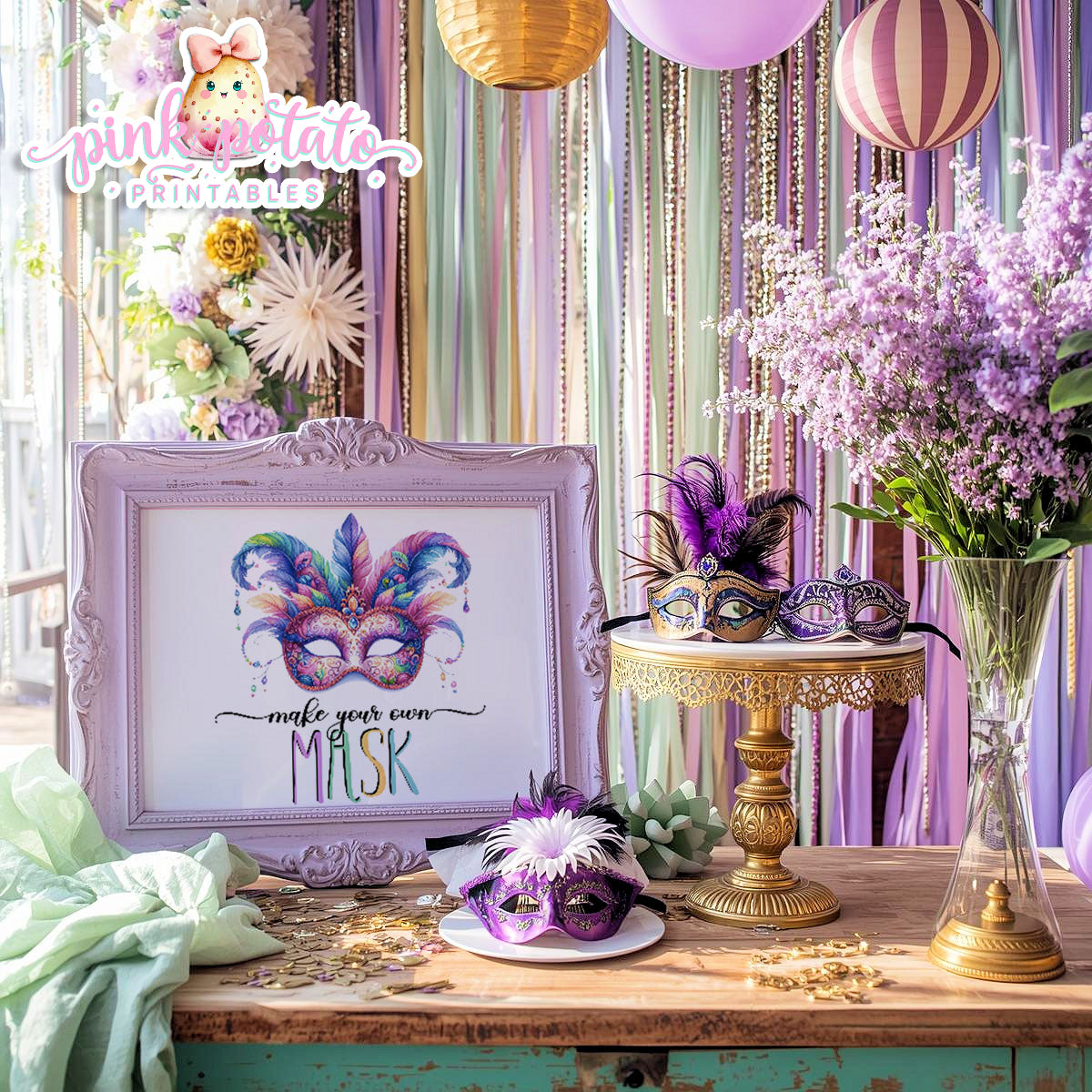 Mardi Gras-Party Signs-Craft Signs-Make Your Own Masks Sign-Mardi Gras Theme-Fat Tuesday-Party Printable-Digital-INSTANT DOWNLOAD