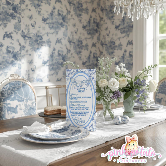 Toile Easter-Easter Menu-Dinner Menu-Completely Editable in CORJL ONLY-Fancy Easter-Posh Easter-Easter Sunday-Happy Easter-Chinoiserie Easter-Chinoisery-Blue Toile-INSTANT DOWNLOAD