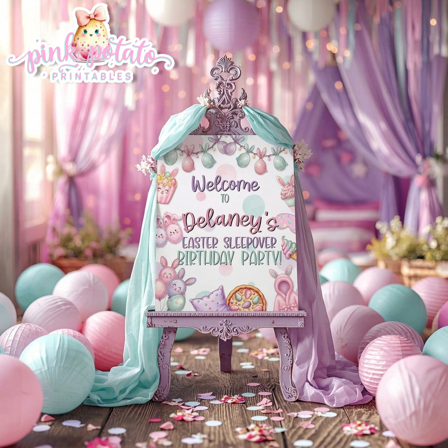 Easter Sleepover-16x20 & 8x10 Welcome Sign-Edit Name in Corjl ONLY-Easter Slumber Party-Welcome to Party Poster-Easter Birthday-Easter Party-Happy Birthday-Birthday Sleepover-Birthday Slumber Party-INSTANT DOWNLOAD